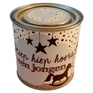 Blikje Hiep hiep hoera een jongen